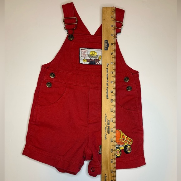 Vintage 1990s Toddler Overalls 12 Months Red Shortalls Construction Theme Cotton - Picture 7 of 10